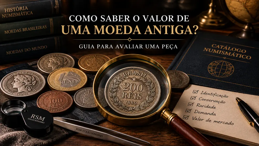 Moedas antigas, catálogo numismático e lupa representando a avaliação de uma moeda