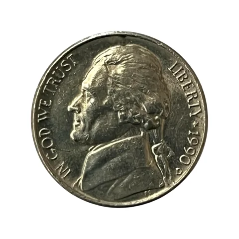 Moeda Estados Unidos 5 Cents Dólar - 1990 - Jefferson Nickel - Letra D - MBC - KM# A192 - frente