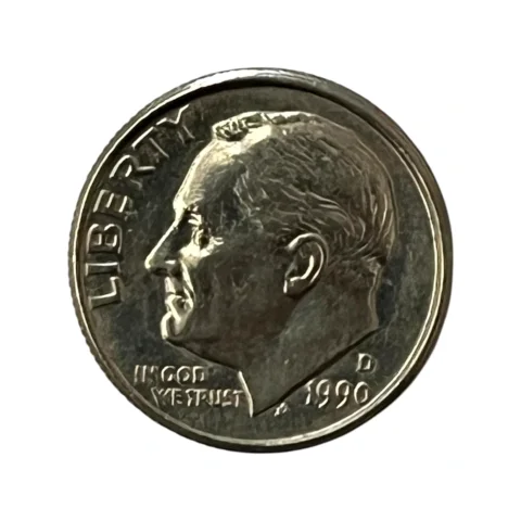 Moeda Estados Unidos 10 Cents Dólar - One Dime 1990 - Roosevelt - Letra D - MBC - KM# 195a - frente