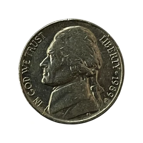Moeda Estados Unidos 5 Cents Dólar - 1989 - Jefferson Nickel - Letra P - MBC - KM# A192 - frente