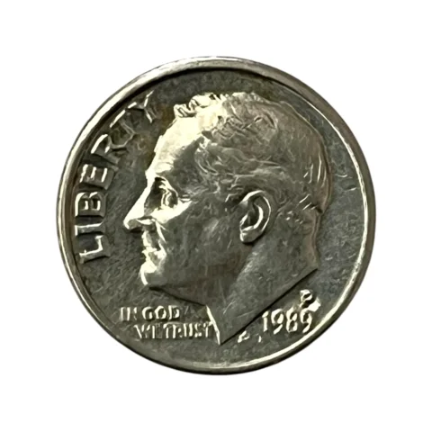 Moeda Estados Unidos 10 Cents Dólar - One Dime 1989 - Roosevelt - Letra P - MBC - KM# 195a - frente