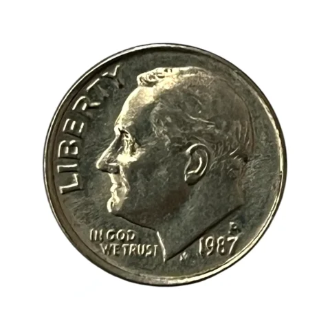 Moeda Estados Unidos 10 Cents Dólar - One Dime 1987 - Roosevelt - Letra P - MBC - KM# 195a - frente