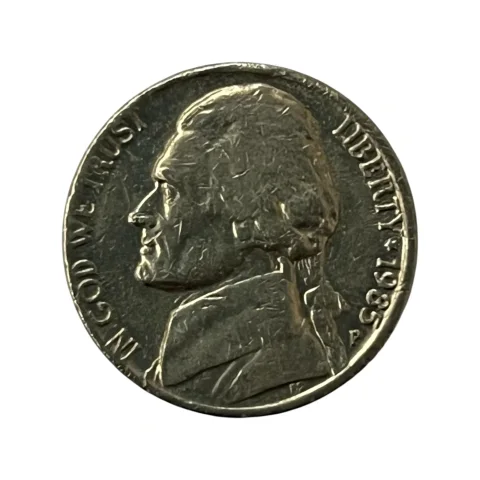 Moeda Estados Unidos 5 Cents Dólar - 1985 - Jefferson Nickel - Letra P - MBC - KM# A192 - frente