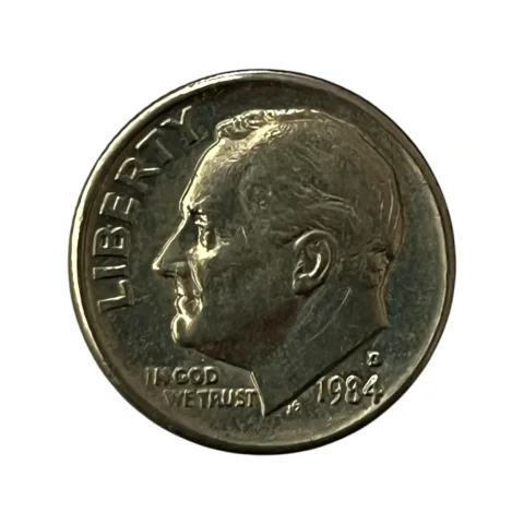 Moeda Estados Unidos 10 Cents Dólar - One Dime 1984 - Roosevelt - Letra D - MBC - KM# 195a - frente