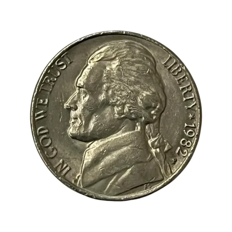 Moeda Estados Unidos 5 Cents Dólar - 1982 - Jefferson Nickel - Letra P - MBC - KM# A192 - frente