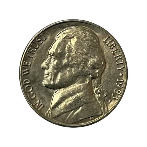 Moeda Estados Unidos 5 Cents Dólar - 1983 - Jefferson Nickel - Letra P - MBC - KM# A192 - frente