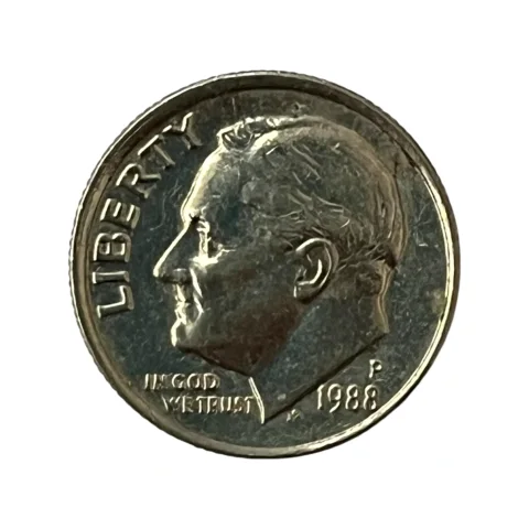 Moeda Estados Unidos 10 Cents Dólar - One Dime 1988 - Roosevelt - Letra P - MBC - KM# 195a - frente