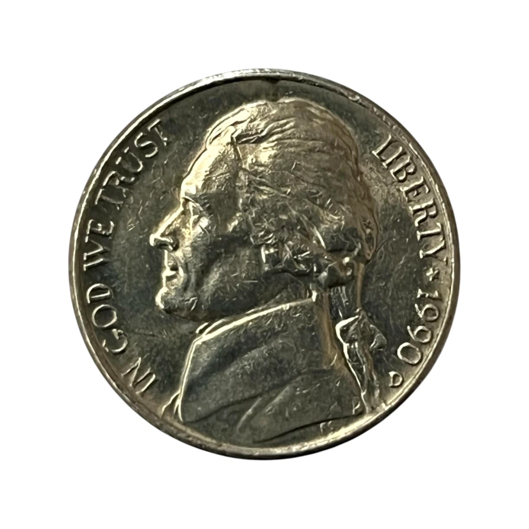 Moeda Estados Unidos 5 Cents Dólar - 1990 - Jefferson Nickel - Letra D - MBC - KM# A192