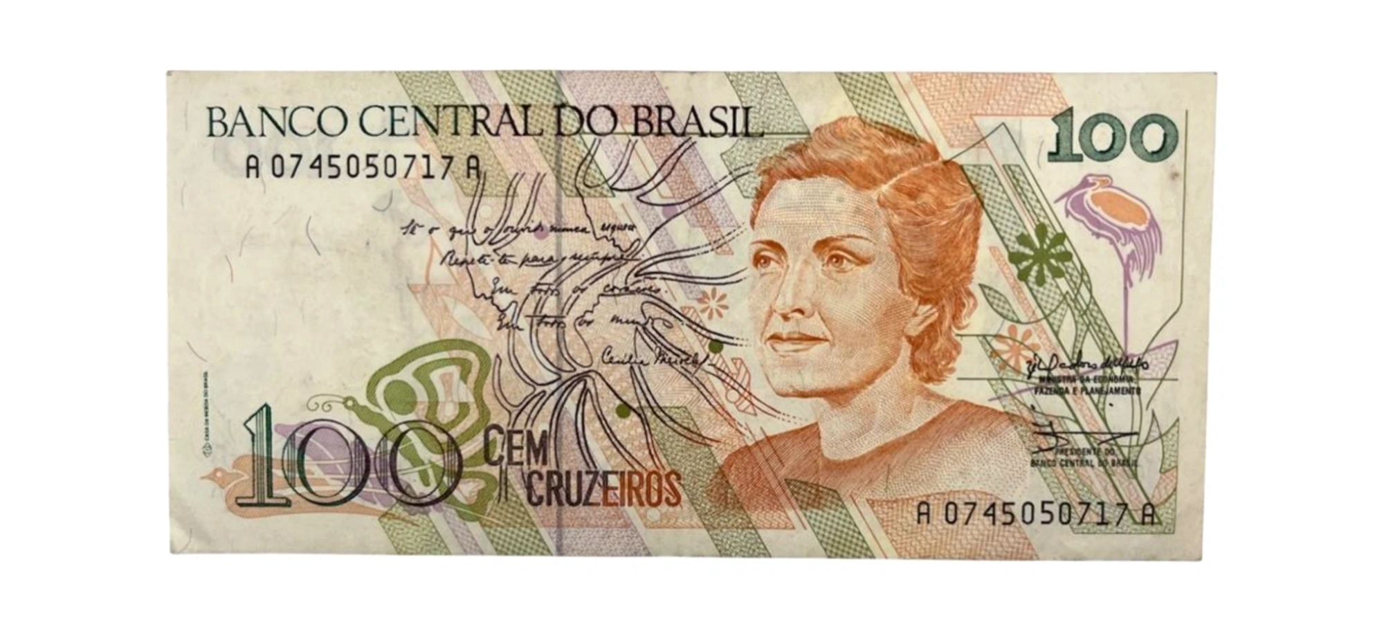 Cédula100 Cruzeiros 1990 Brasil Cecília Meireles - MBC - C-214