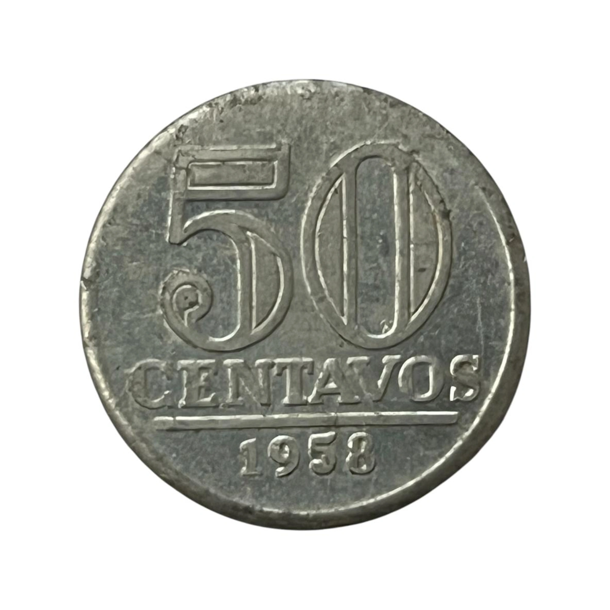 Moeda 50 Centavos Brasil 1958 - Aluminio - Reverso Horizontal a Direita - V-270 - KM# 569