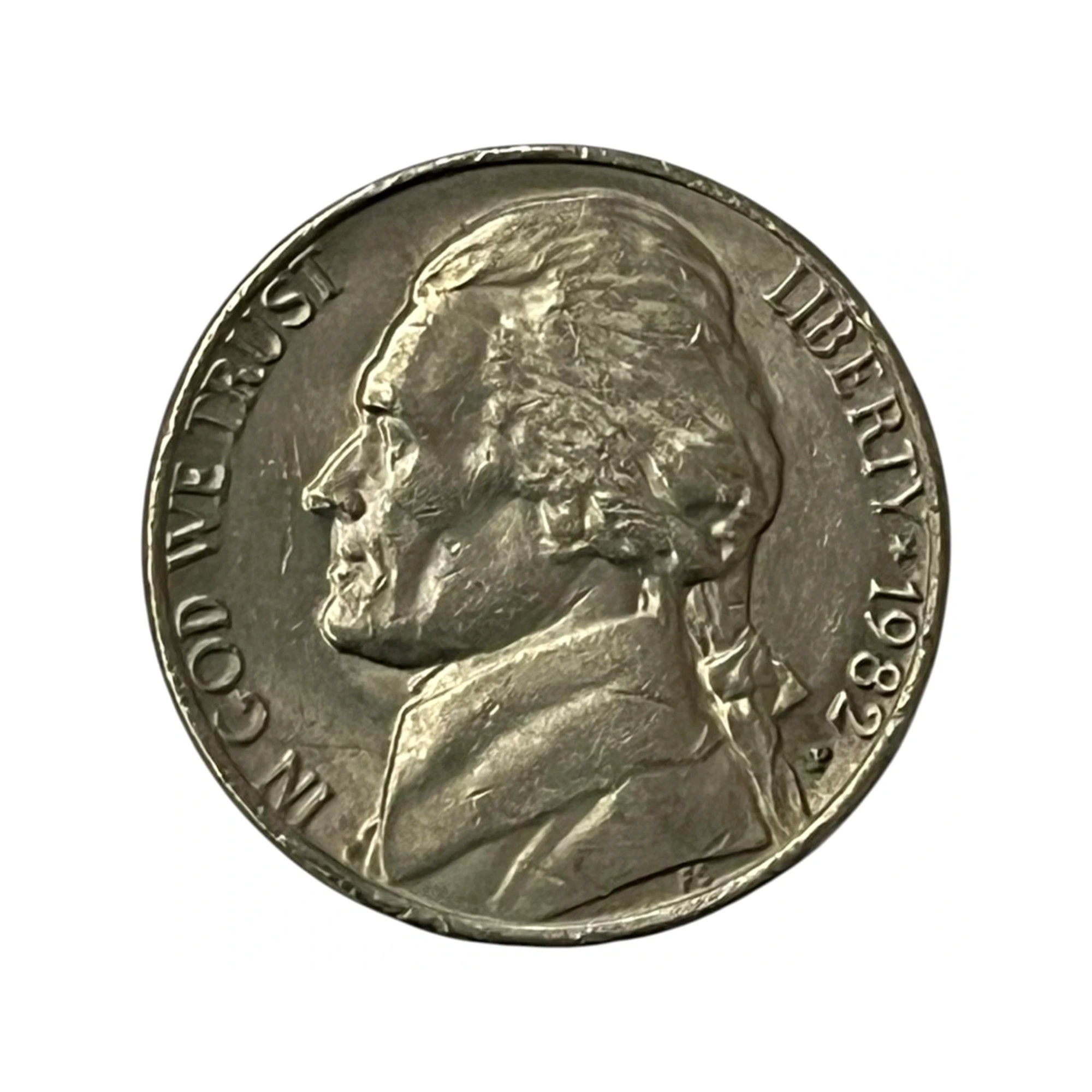 Moeda Estados Unidos 5 Cents Dólar - 1982 - Jefferson Nickel - Letra P - MBC - KM# A192