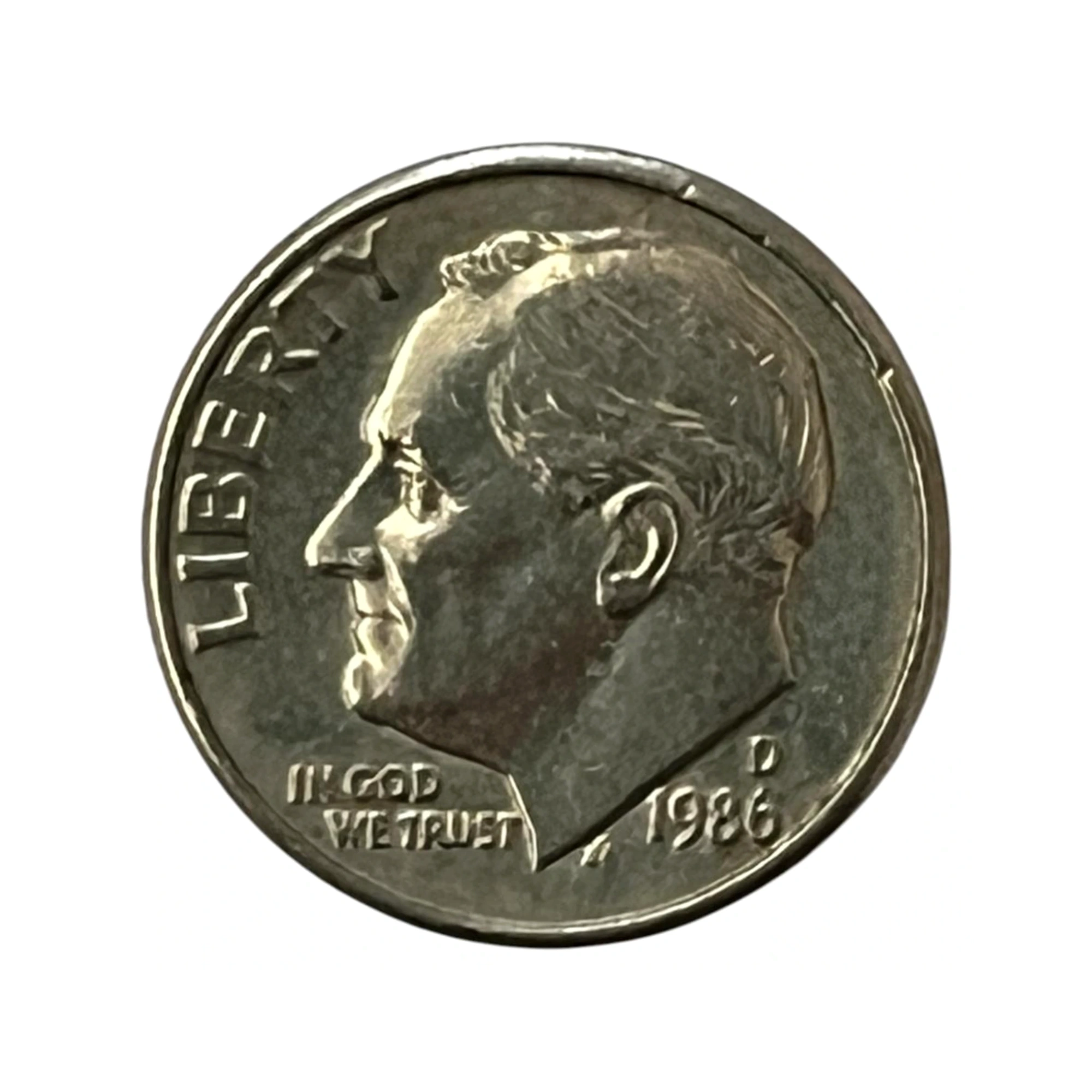 Moeda Estados Unidos 10 Cents Dólar - One Dime 1986 - Roosevelt - Letra D - MBC - KM# 195a